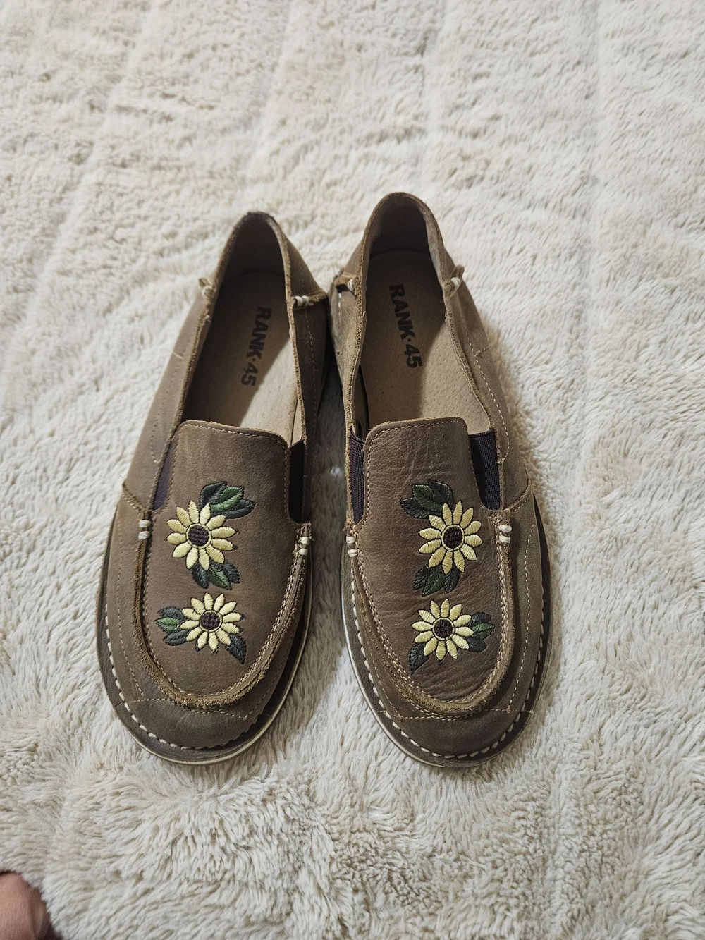 Women’s Rank 45 Brown Slip-On Loafers with Yellow Floral Embroidery
